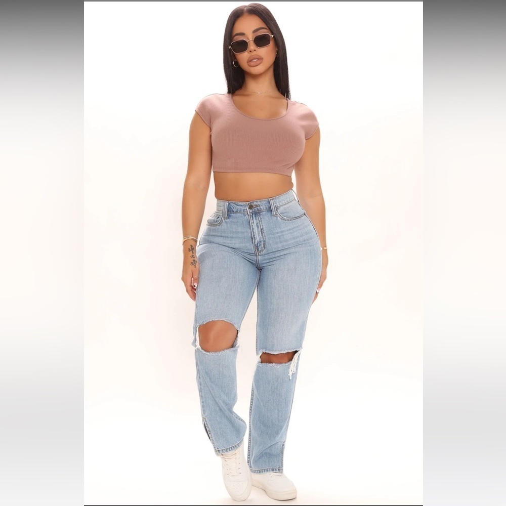 Womens New Fashion Nova What The Split Ripped Straight Leg Jeans - Light Blue Wa